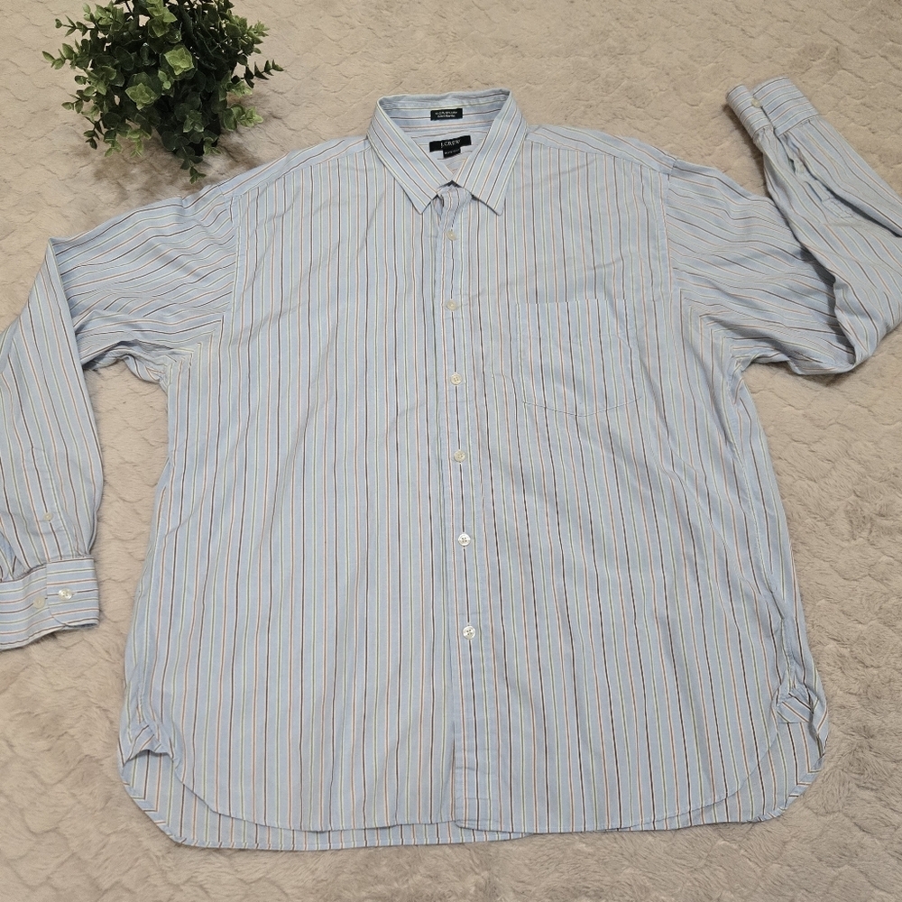 J. Crew Blue Multicolor Stripe 2-Ply Cotton Collared Dress Shirt, Size XL